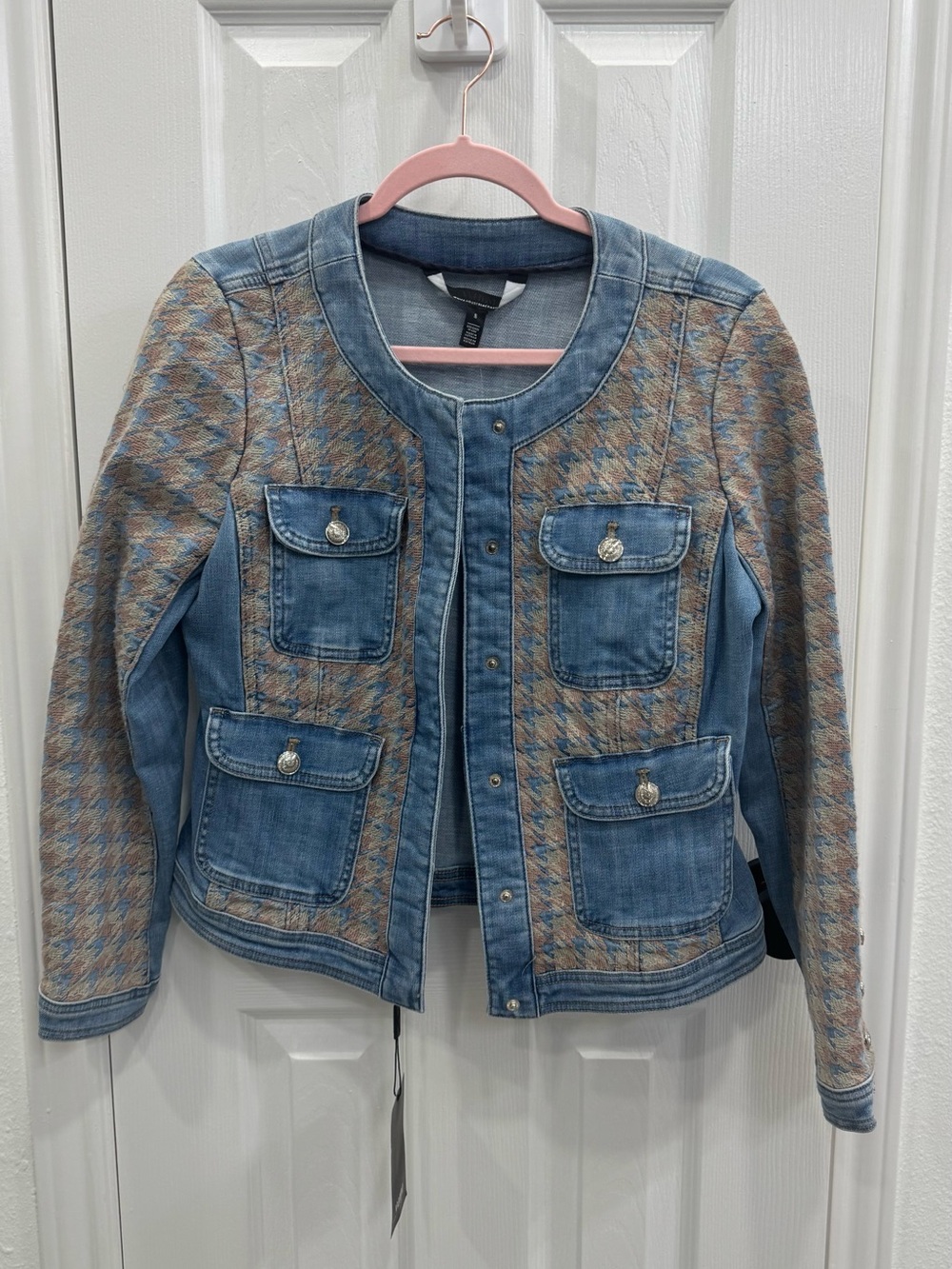 White House Black Market Blue Denim & Houndstooth Knit Jacket